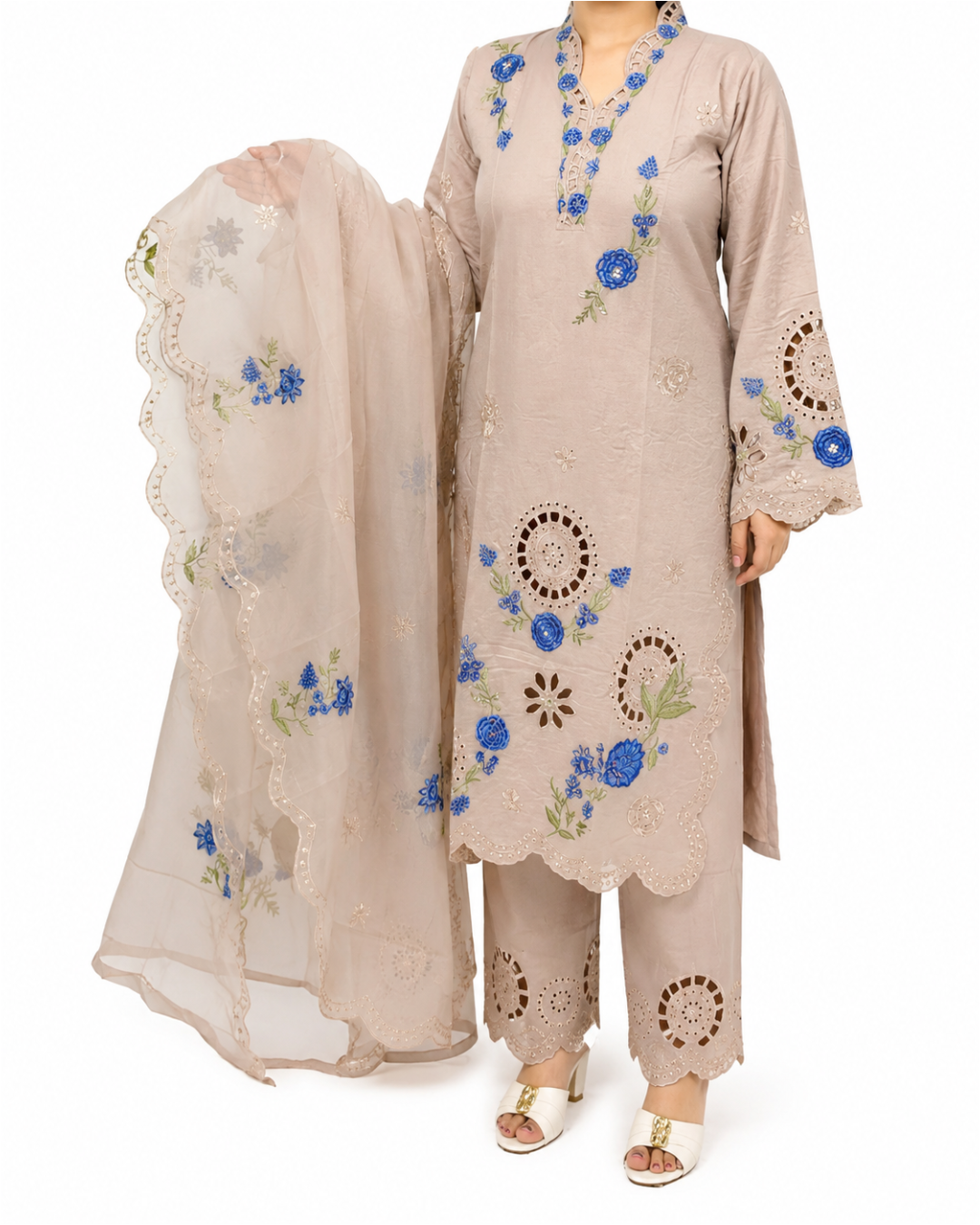 Blush Pink Embroidered Pakistani 3-Piece Suit with Blue Floral Detailing