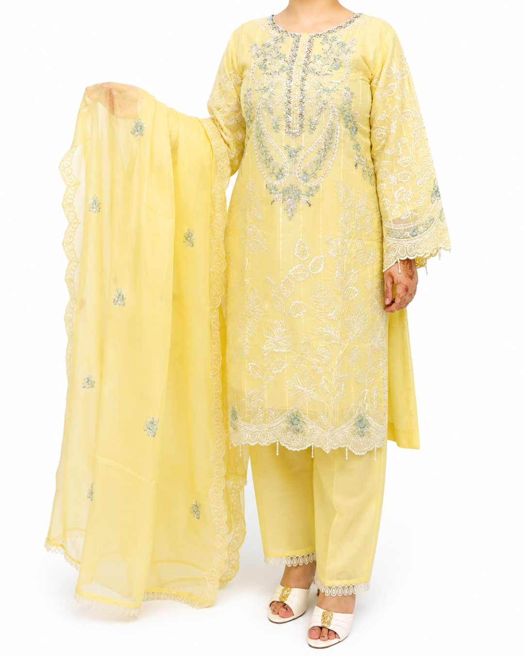 Lemon Yellow Embroidered Pakistani 3-Piece Suit