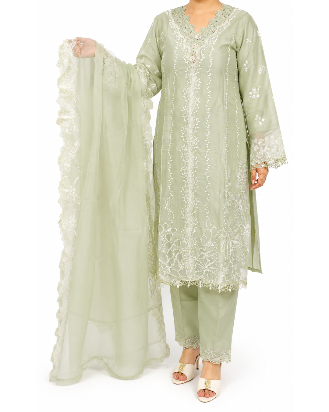Mint Green Embroidered Pakistani 3-Piece Suit