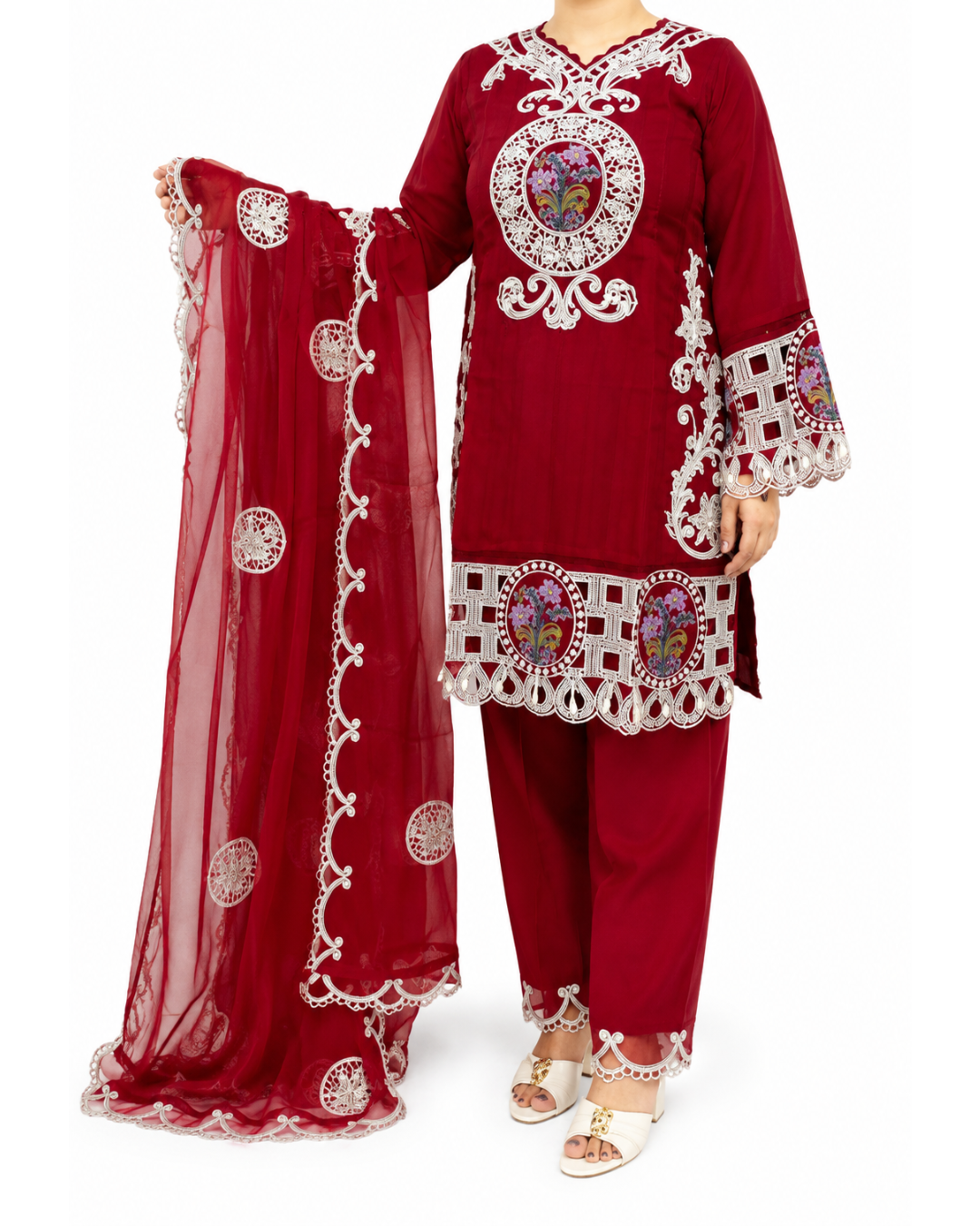 Red Embroidered Pakistani 3-Piece Suit with Floral Detailing