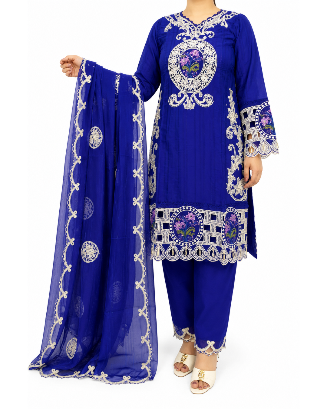 Royal Blue Embroidered Pakistani 3-Piece Suit with Floral Detailing